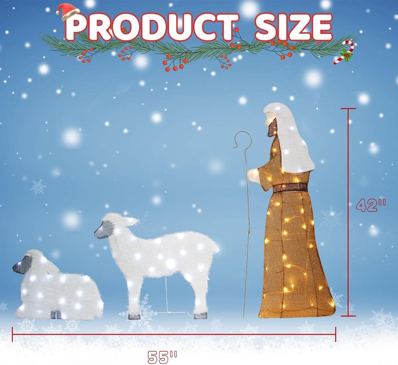 DROFELY Outdoor Lighted-up Shepherd & Sheep Nativity Decorations - 42' Flat Christmas Display with LED Lights for Indoor/Outdoor - Image 2